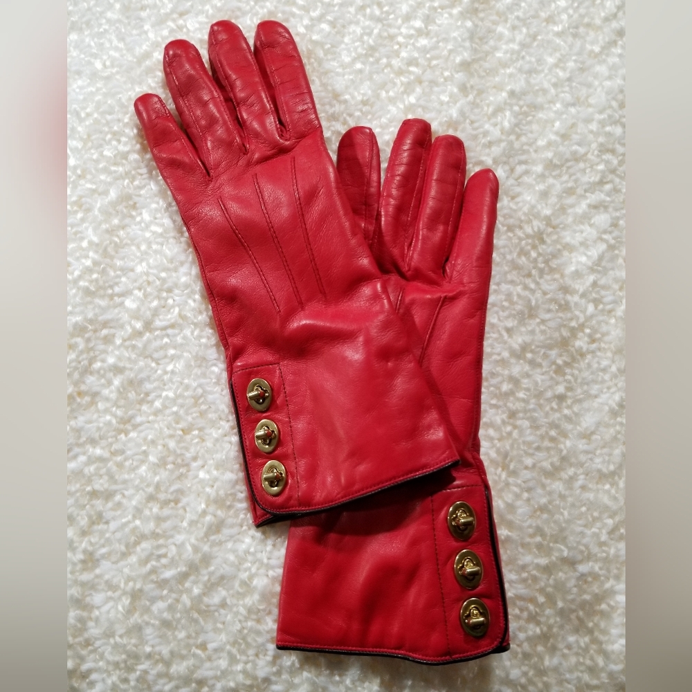 Coach Crimson Leather Gloves with Gold Turnkey Accents, & Cashmere Lining Size 8